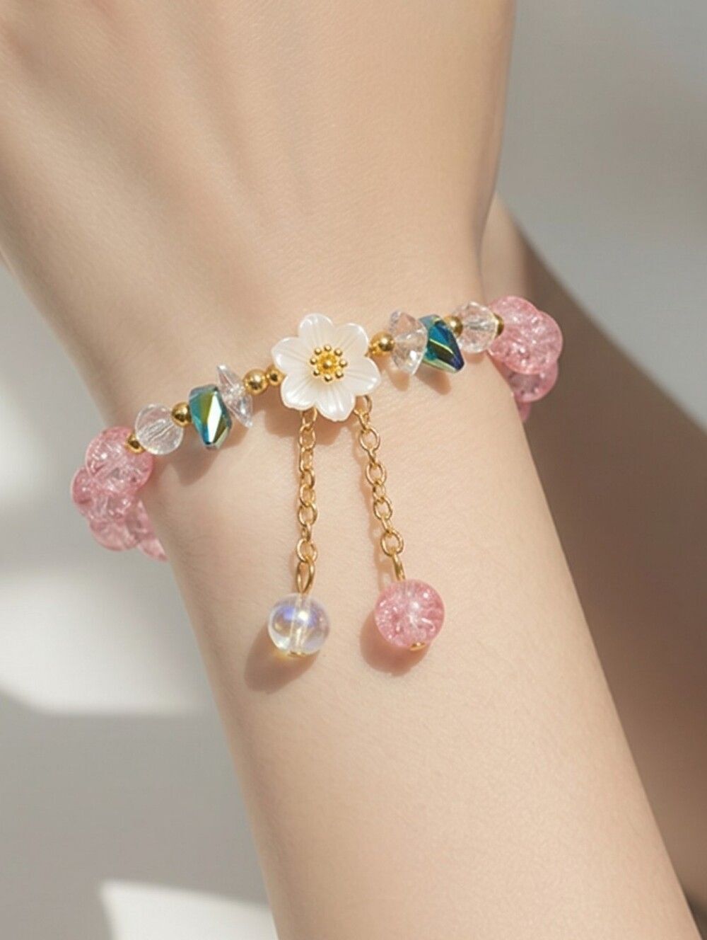 Pink Cherry Blossom Bracelet Coquette Crackle Glass Beaded Gold Dangle Gift